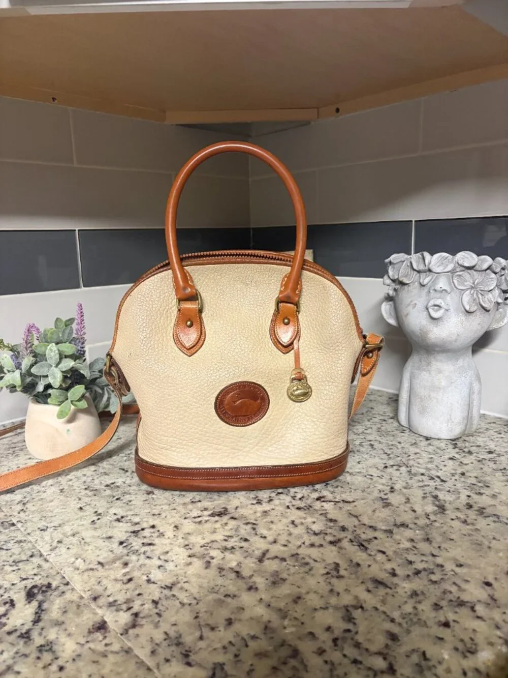 Vintage Dooney & Bourke AWL Bone & British Tan Norfolk Domed Satchel